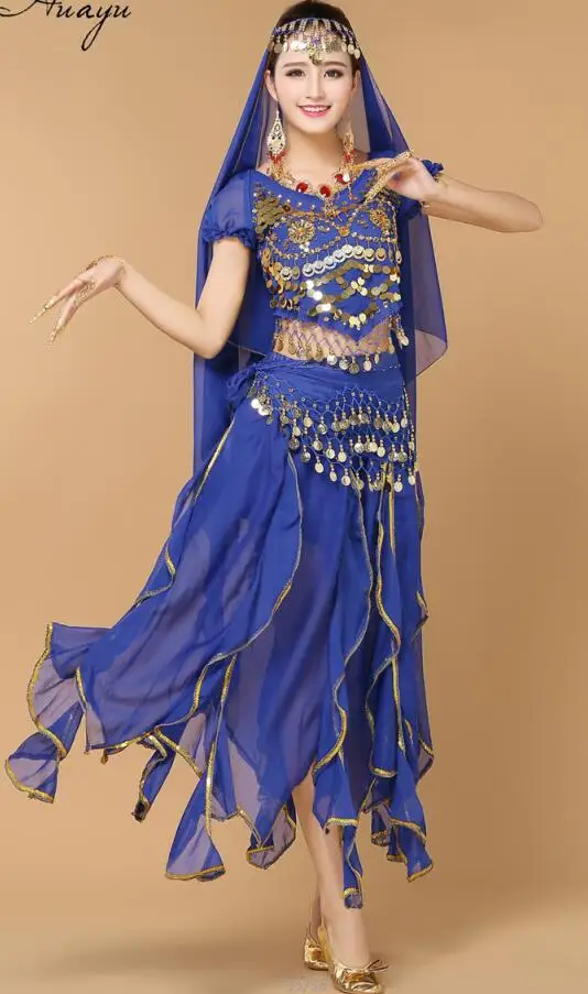 Топ+ штаны+ пояс+ вуаль, женские бальные костюмы для танца живота, Одежда для танцев для девочек, комплект одежды для танца живота, Женская индийская сценическая одежда - Цвет: Синий