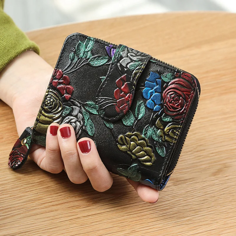 

Women's Wallet Genuine Leather Short Purse Female Small Wallet with Coin Pocket Women Card Holder Fashion Embossed Flower Purse