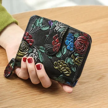 

Women's Wallet Genuine Leather Short Purse Female Small Wallet with Coin Pocket Women Card Holder Fashion Embossed Flower Purse