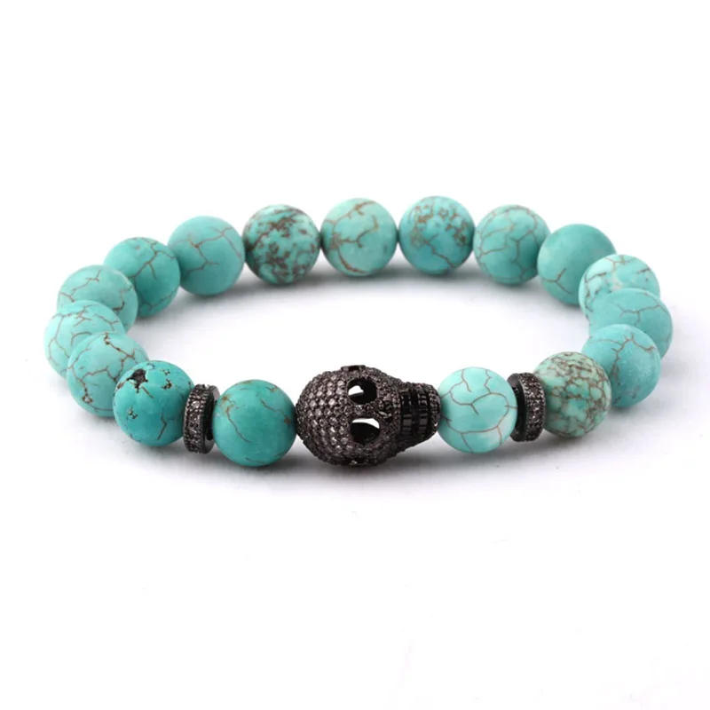 New Fashion Natural Stone Beads Women Jewelry Bracelet Large CZ Pave Skull Charm Beaded Elastic Bracelet Bangle Women Lady