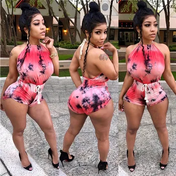 

Backless Halter Lace-up Jumpsuit Rompers 2020 Sexy Women Off Shoulder Print Bodysuit Trousers High Waist Print Jumpsuit Shorts
