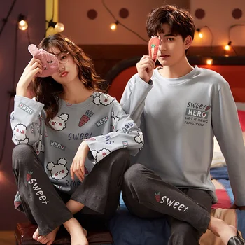 

XIZOU Women Men pyjamas suit autumn plus size sleep clothing Cotton casual nightie sleepwear Couple pajamas Long sleeve pijama