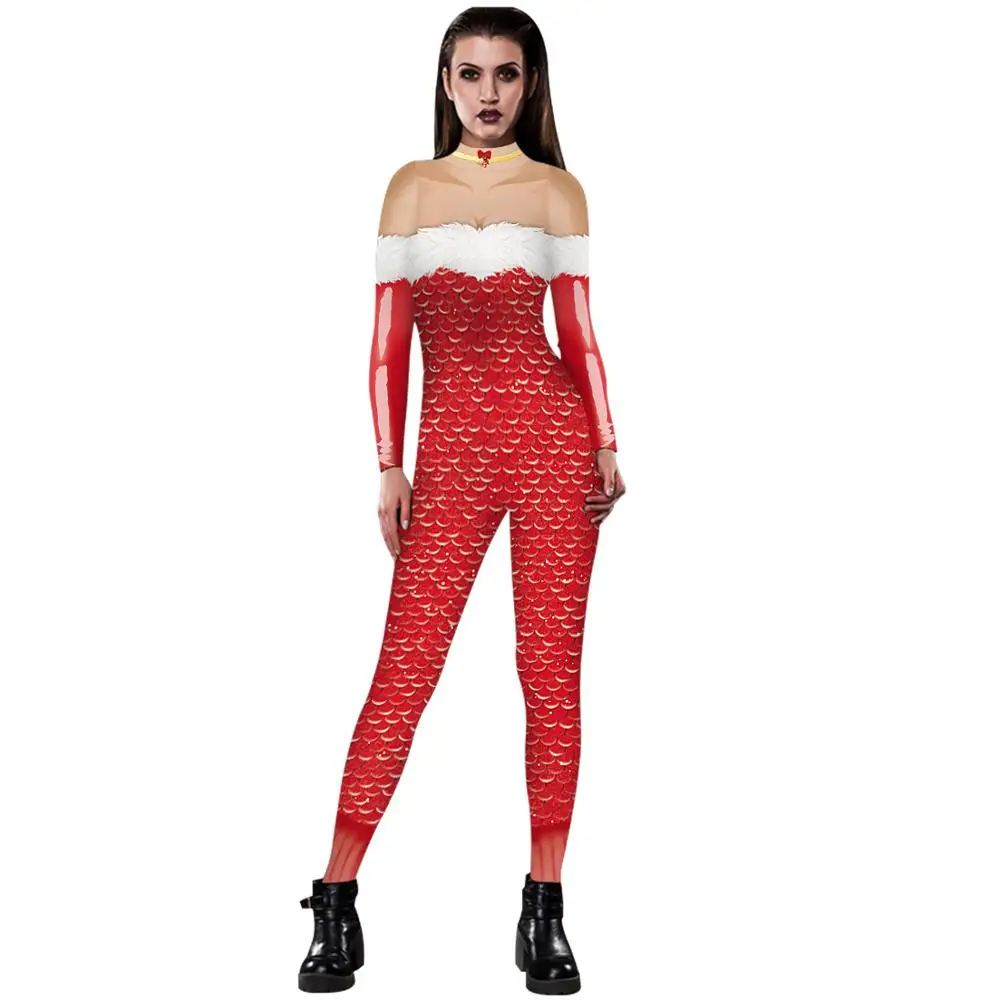Off Shoulder Christmas 3D Print Jumpsuits Perlage Cosplay Sexy Women Costume Clothes Party Holiday Bodysuit Girls Slim Catsuits