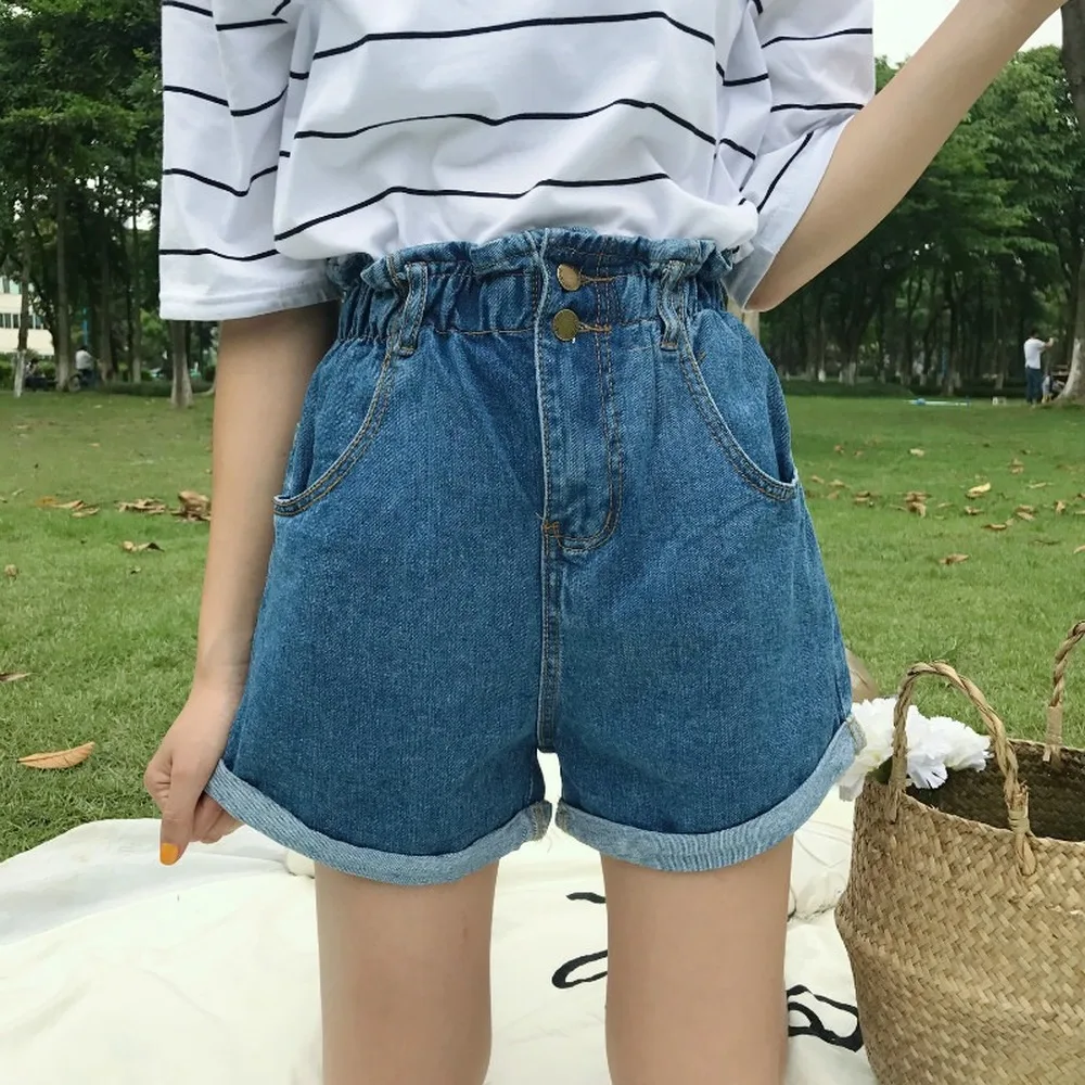 

Street Elastic Waist Shorts Loose High Waist Jean Shorts Blue Womens Cotton Summer Wide Leg Curl Gray Ruffles Harlan Shorts