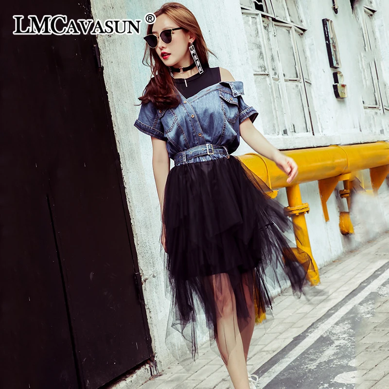 

LMCAVASUN 2019 Tulle Denim Summer Dress Tunic Female Jean Dresses for Women Casual Bandage Sexy Off Shoulder Big Size Clothes