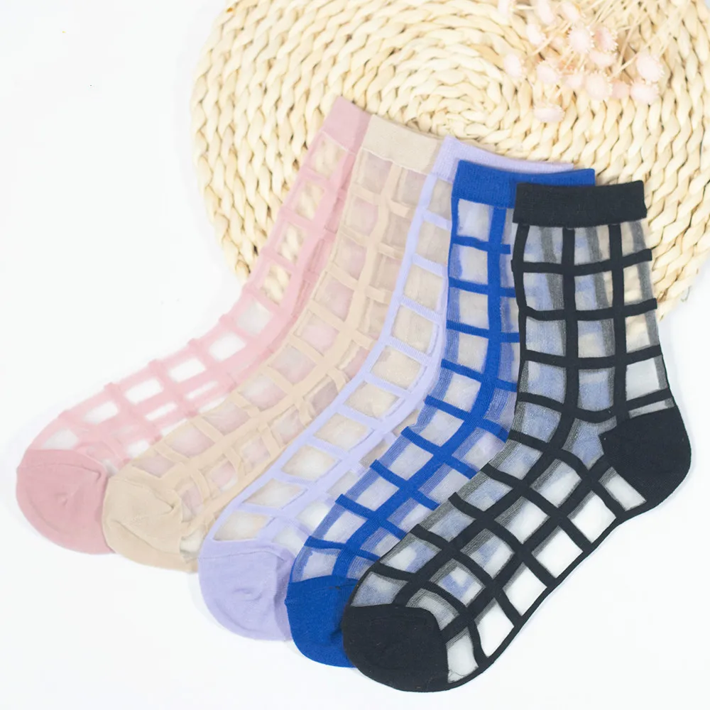 

Fashion Women Glass Crystal Silk Socks Cool Girl Lady Summer Transparent Grid Mesh Socks Knit Sheer Thin Meias Sox Socks HOT