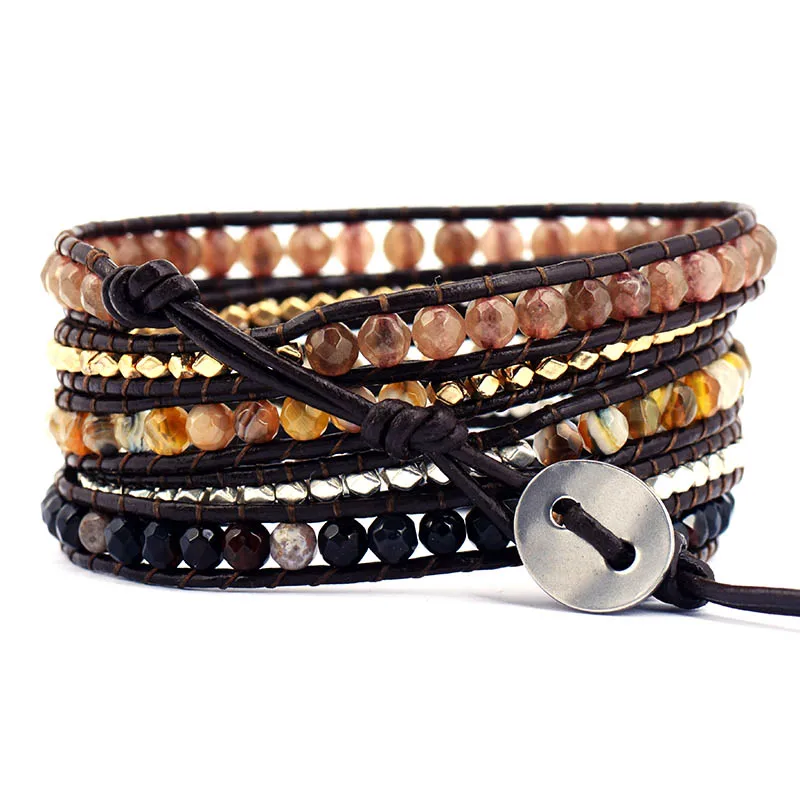 New Cool 5 Strands Mixed Stones Onyx Metal Beads Leather Wrap Bracelets Vintage Black Lover’s Bracelet