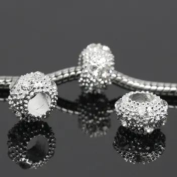 

50Pcs Silver Plated Round Clear Rhinestones Metal Spacer Beads Fit European Charm Bracelets 11mm Dia.