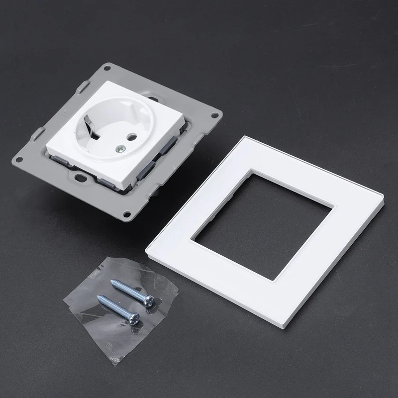 White Eu Standard Power Socket,White Crystal Glass Panel,Ac 110~250V 16A Wall Power Socket