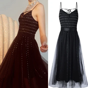 

Elegant evening party Dresses Sexy V Neck Spaghetti StrapHigh Waist Black Lace Maxi Long Dress For Women Luxury Diamonds