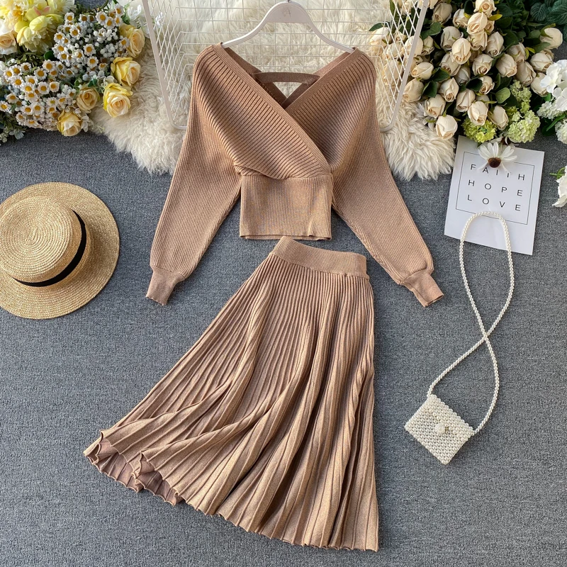 ALPHALMODA, сверкающий свитер, плиссированная юбка А-силуэта, женский модный костюм из 2 предметов, яркий Шелковый свитер с рукавом «летучая мышь», плиссированная юбка, комплект