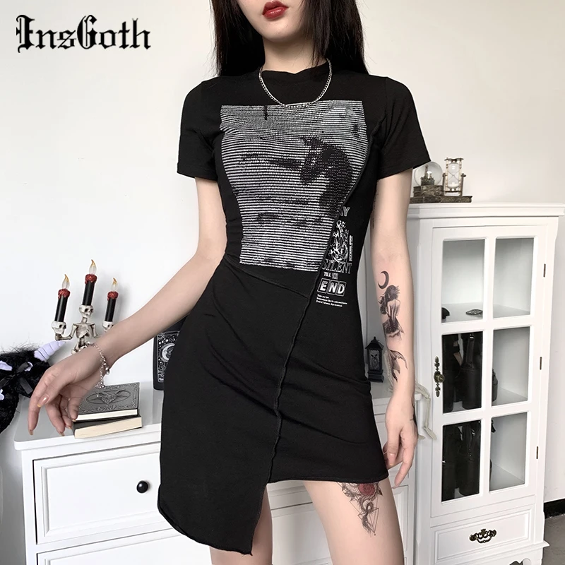 

InsGoth Punk Irregular Black Mini Dresses Women Gothic Print Patchwork Bodycon Female Dress Casual Slim Vintage Dress