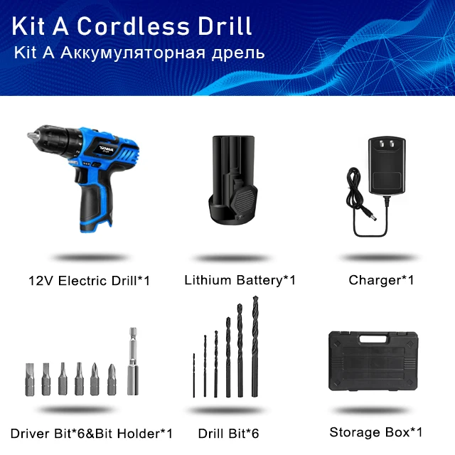 TENWA 12 В Электрическая дрель 0-10 мм патрон Макс Крутящий момент беспроводная дрель-шуруповерт набор 13 шт. аксессуары Toolbox 1.5Ah литий-ионный аккумулятор - Цвет: kit1