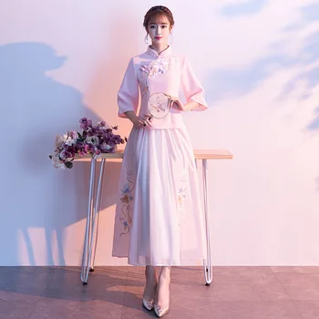 

Mesh Pink Chinese Bridesmaid Wedding Dress Mandarin Collar Elegant Cheongsam Vintage Three Quarter Sleeve Qipao Robe De Soiree
