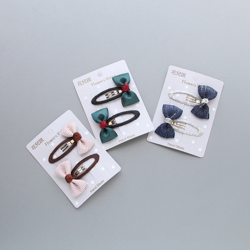 Chiffon Bowknot Unique BB Clip Grid 2PCS/Set Handmade For Girls Kids Hair Accessories With Ribbon Covered Satin Stripe