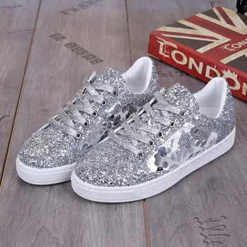 

Fashion Women Flat Platform Silver White Sequins Shoes Round Toe Cutouts Female Shoes Lace Up Sports Shoes I6-02