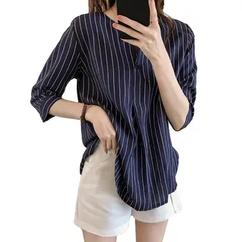 

Fashion Women Button V-Neck 3/4 Sleeve Stripe Print Loose Plus Size Blouse Shirt