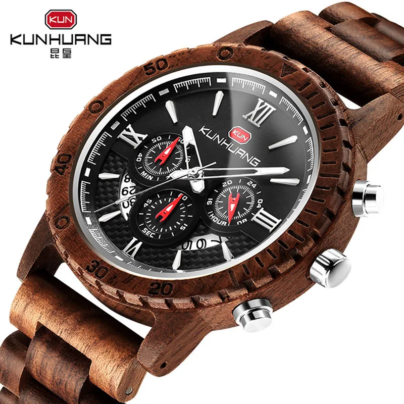 

Wooden Watches Men Watch Wood Luxury Chronograph Wristwatch Quality Quartz Movement Calendar Male Watch Gift Reloj Hombre 2019