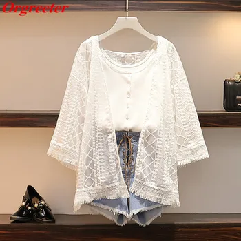 

Casual 3 Piece Set New Fashion Embroidery Lace Cardigan + Vest + Lace up Denim Shorts Set Holiday Beach Sun protection shirt Set