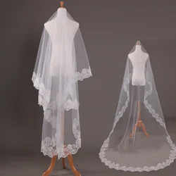 Cheap In Stock  Long Bridal Veils One-Layer  White Ivory  Lace Appliques  Cathedral Train Wedding Veils for Bride