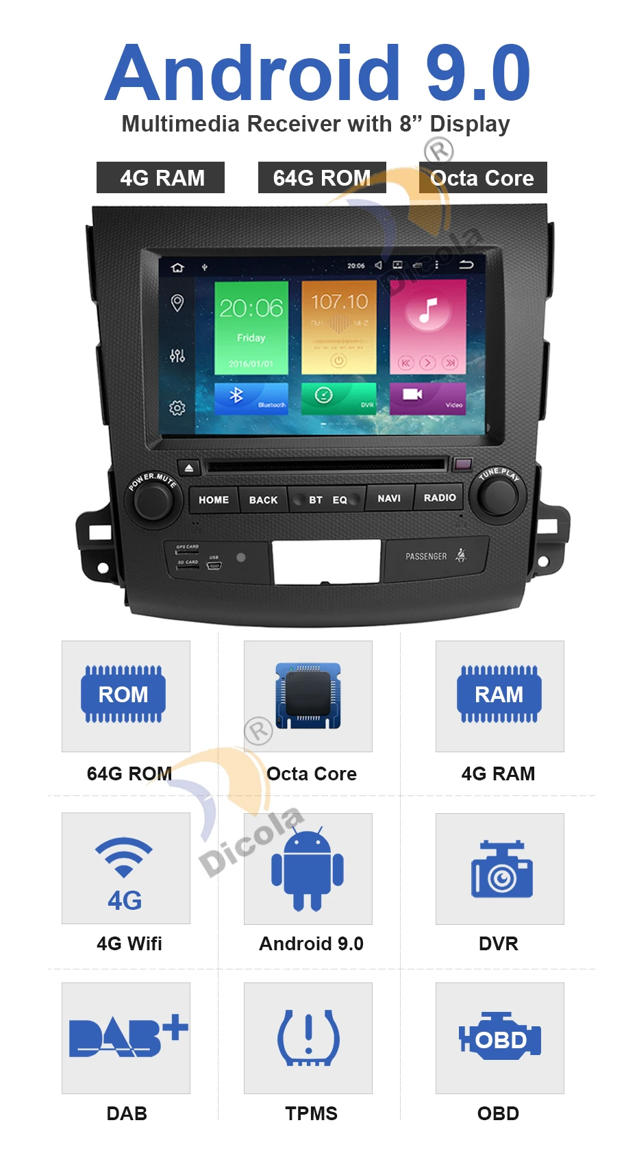 PX5 4G+ 64G 8 дюймов Android 9 2 Din Автомобильный мультимедийный плеер gps навигация для Mitsubishi Outlander 2006- Радио DVD Встроенный DSP