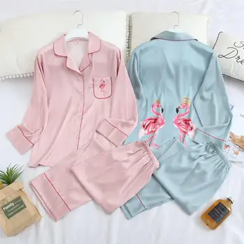 

Sexy Flamingo Printed Sleepwear Suit Spring Autumn Rayon Silk Long Sleeve Pant Homewear Nightwear Pajamas Pyjama Set