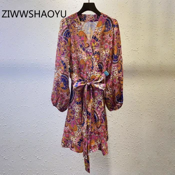 

ZIWWSHAOYU Autumn Female Elegant Vintage Mini Dresses Fashion Designer Women Multicolor Floral Print Bow Belt V-Neck Linen Dress