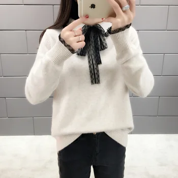 

Women Sweet With Bow Tie Collar Autumn Sweater 2019 Knitted 6 Colors Available Female Sweaters Pullover