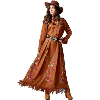 

Women's Western Cowboy Cosplay Costume for Halloween Make Up Party Hat Dress Waistband 3pcs Thief Outfit for Stage Performance