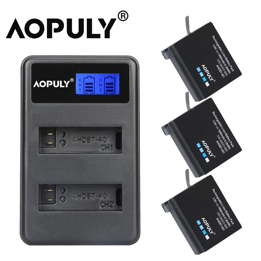 AOPULY 4Pcs 1680mAh Gopro Hero 4 Battery Replacement + LED USB Charger for GoPro HERO4 GoPro AHDBT-401 Action Camera Bateria 