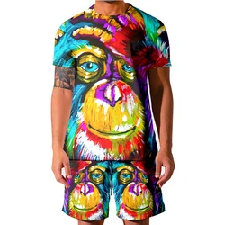 Men's Casual 3D Print Colorful monkey Short-sleeved T-Shirt Shorts 2-piece Suit 2021 Summer Men's Suit Casual Sportswear