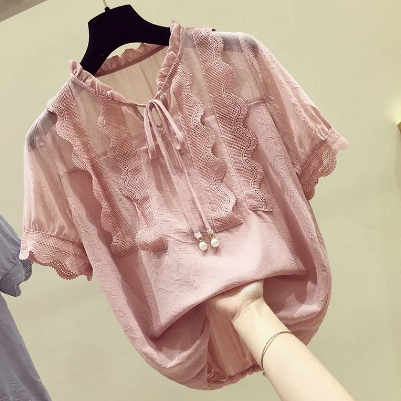 

lace ruffles women blouses 2020 summer new o-neck short-sleeved loose all match lady elegant pulls tops tees top quality
