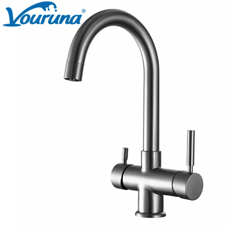 vouruna matte black gooseneck 4 way kitchen faucet chrome hotu0026cold filtered  sparkling 4 in 1 instant boiling water tap - AliExpress