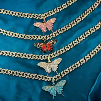 

JUST FEEL Full Crystal Big Butterfly Pendant Necklace Women With Bling Miami Cuban Link Chain Necklace HipHop Rhinestone Jewelry