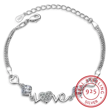 

925 Sterling Silver Crystal Heart Charm Bracelet For Women Bracelets & Bangles For Female Girls Gift Pulseira Feminina