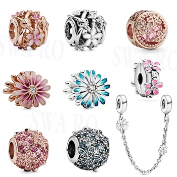 

2020 Fashion New High Quality Silver 1: 1 White, Pink Daisy Flowers Bouquet Series Charm DIY Jewelry Original Woman Classic Gift