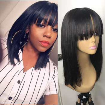 

Peruvian Remy Fringe Wig Full Lace Human Hair Glueless 360 Frontal Straight Short Bob Lace Front Wig With Bangs Bleached Knots