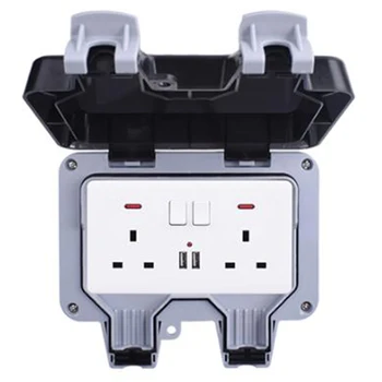 

IP66 Waterproof Outdoor BOX Wall Socket 13A Double Universal / UK Switched Outlet with USB Charging Port UK Plug
