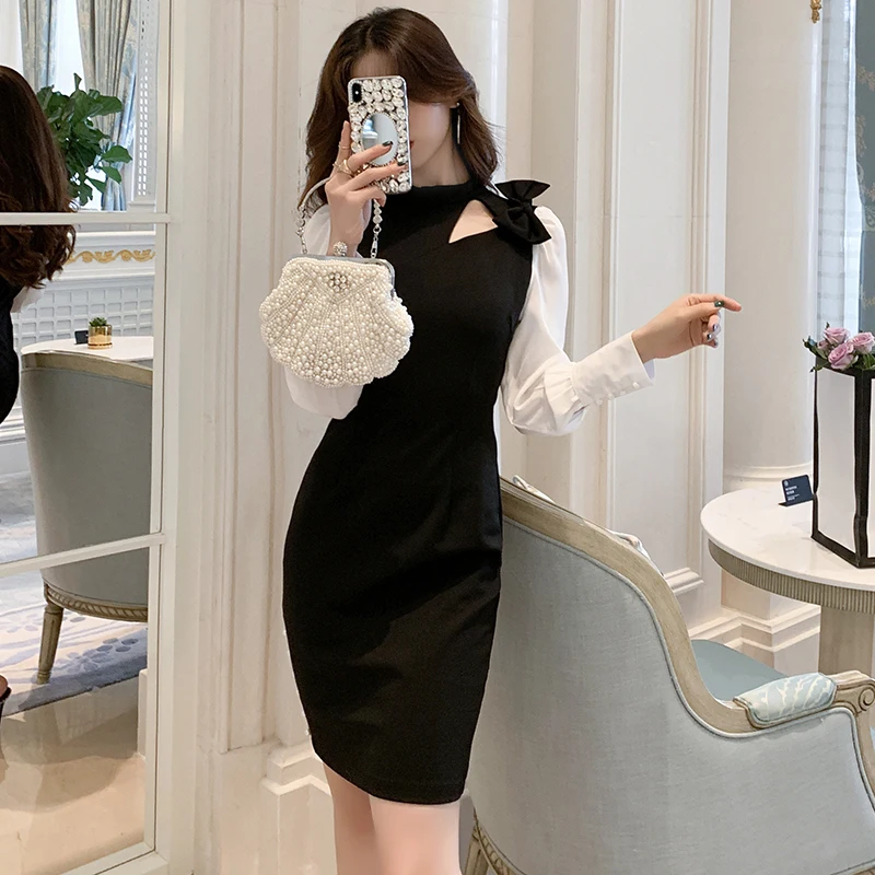 Модное черно-белое лоскутное платье карандаш Осень Зима Женский Пышный рукав бант оболочка Подиум сексуальное выдалбливают бисером облегающее платье