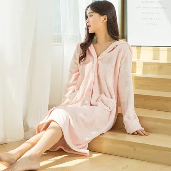 

Autumn winter lovely thickened cartoon long ear flannel nightdress Korean version sleepwear lady size warm cute home clothes