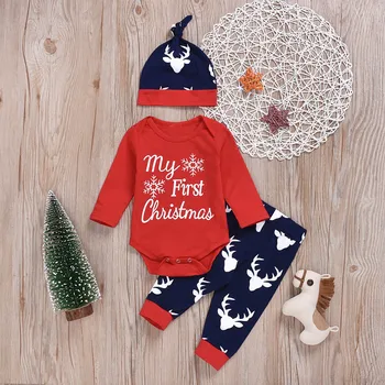 

Newborn Baby Boy Girl Christmas Letter Snowflake Print Romper Deer Pants Cap Xmas Outfit Sets Infant Toddler Kids Autumn Outwear