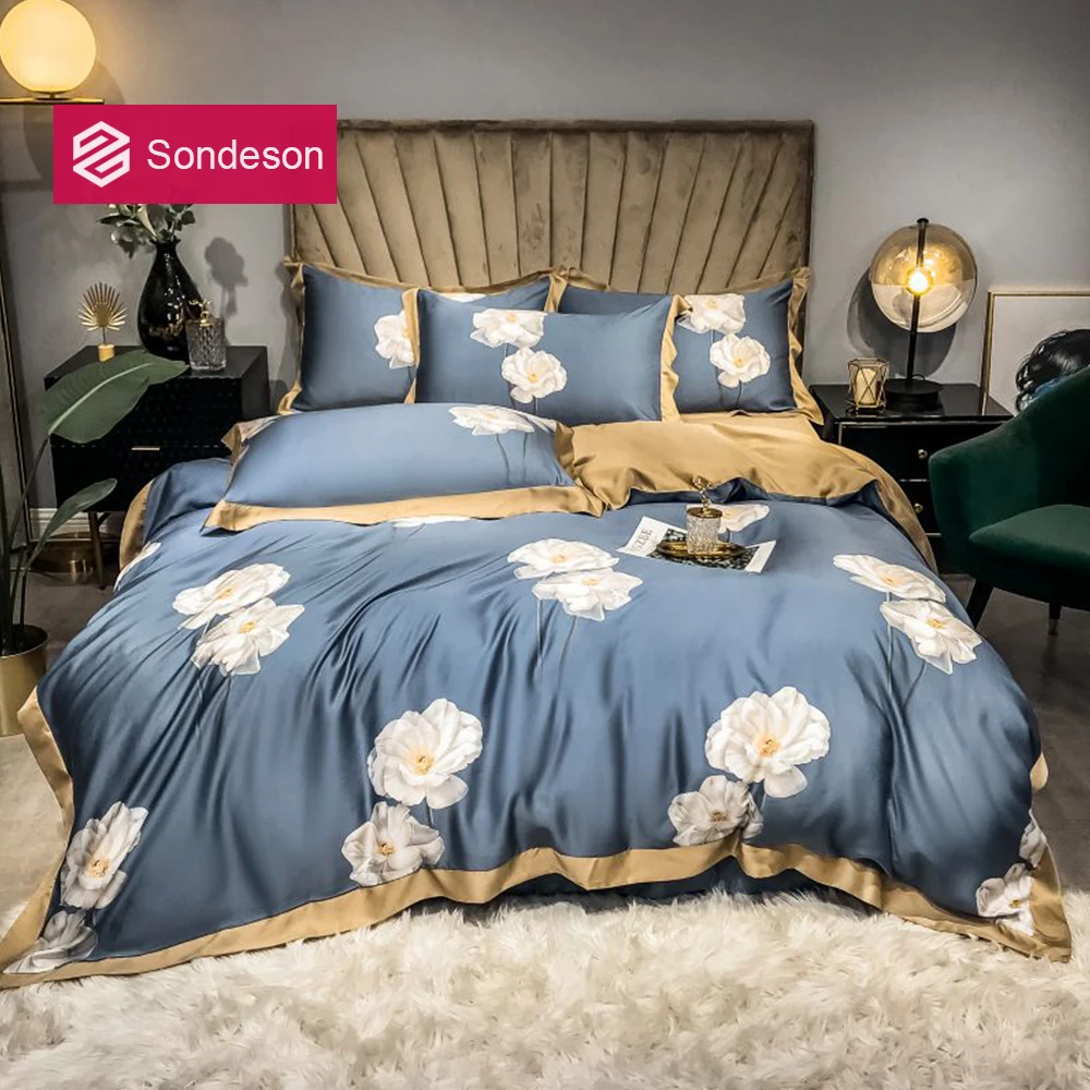 

Sondeson Noble Blue 100% Silk Healthy Bedding Set 25 Momme Silk Flower Duvet Cover Set Pillowcase Flat Sheet Queen King 4PCS
