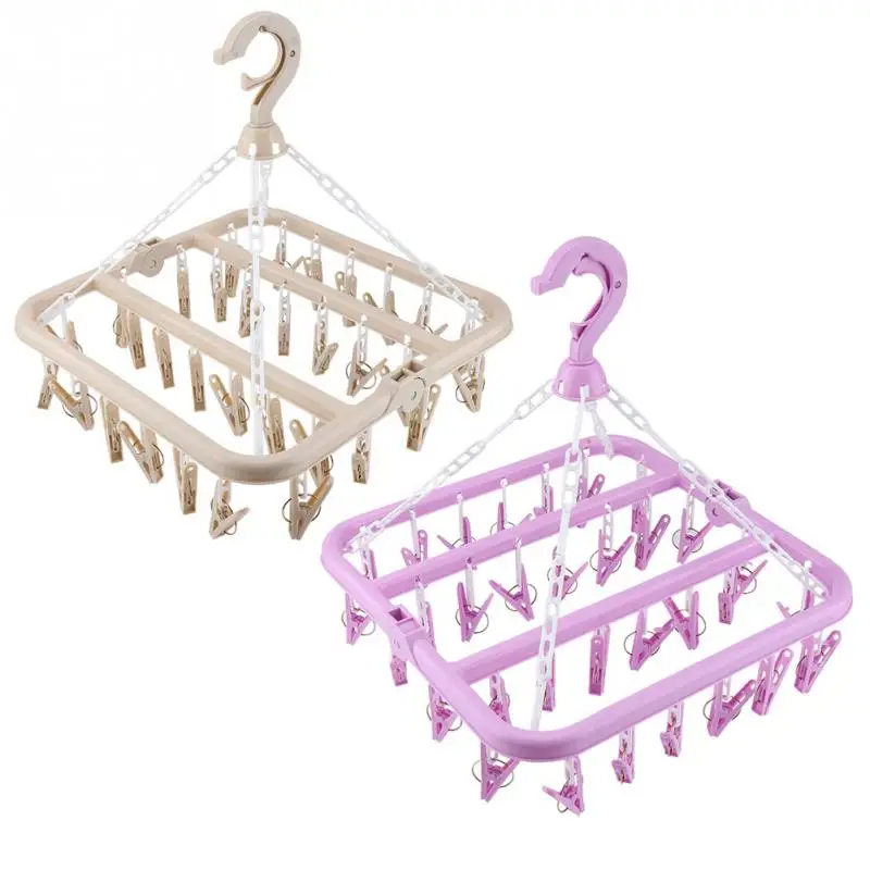 

Folding Clothes Hanger Dryer Windproof Socks Underwear Drying Rack Children 32 Clips