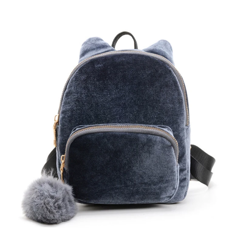 Navy New Fashion Women Backpack Velour Female Bag Zipper Ladies Backpacks Girl Cartoon Kitten Ear Hair Ball Desinger Shoulder Bags - Цвет: Navy