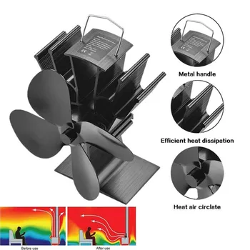 

Black Fireplace Blade Heat Powered Stove Fan Log Wood Burner Eco Friendly Quiet Fan Home Efficient Heat Distribution Accessories