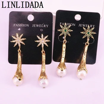 

5Pair New Fashion Earrings CZ Micro Pave Nature Pearl Gold Color Long Drop Dangle Earring
