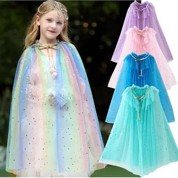 

Star Sequin Tulle Cloak Girls Princess Dress Up Accessories Lace Gold Tie Bow Ruffles Mantle Kids Party Unicorn Trains