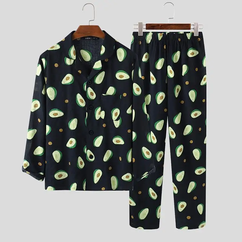 Men Pajamas Sets Fruit Printed Long Sleeve Cozy Homewear Nightwear Pants Button Leisure Soft Sleepwear Sets 2 Pieces INCERUN 7 men's pajama sets Men's Sleep & Lounge