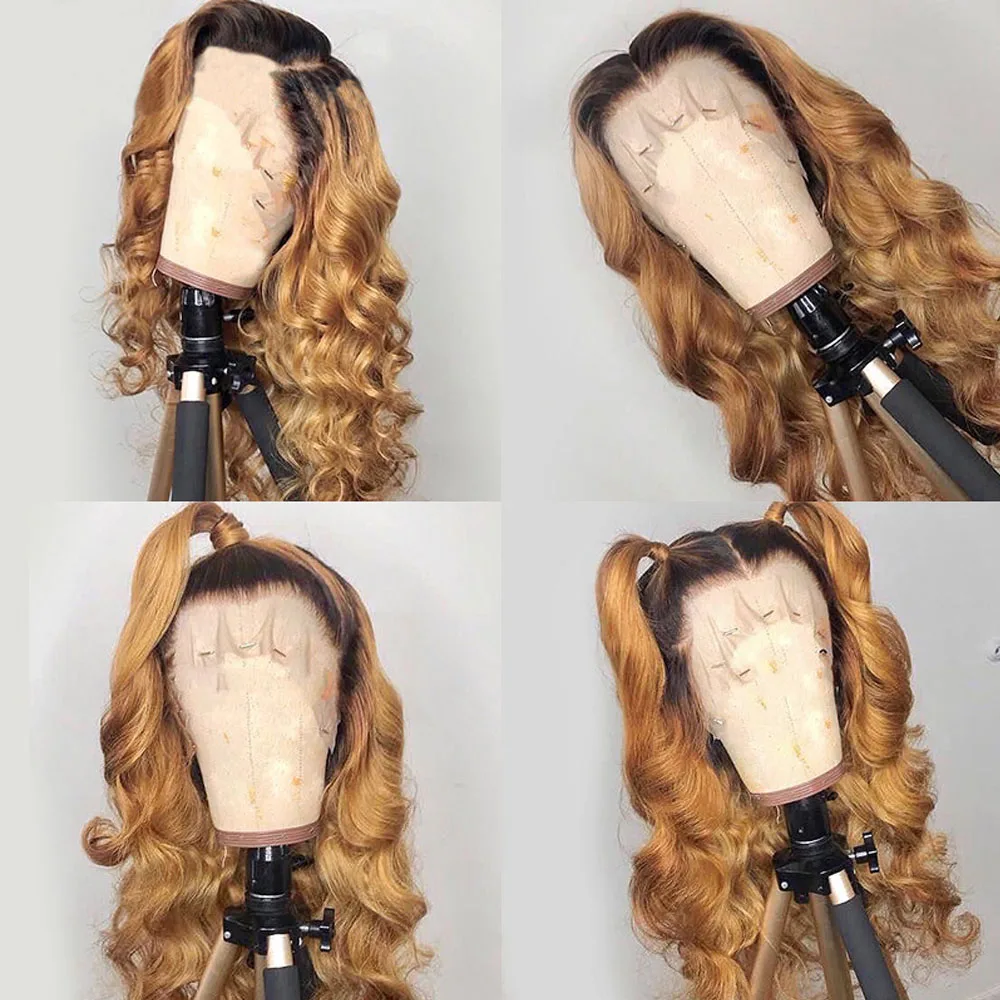 13x4 Синтетические волосы на кружеве парик человеческих волос бразильские волнистые волосы Remy 150% 4/27 эффектом деграде(переход от темного к шнурка человеческих волос парики с детскими волосами предварительно вырезанные HC