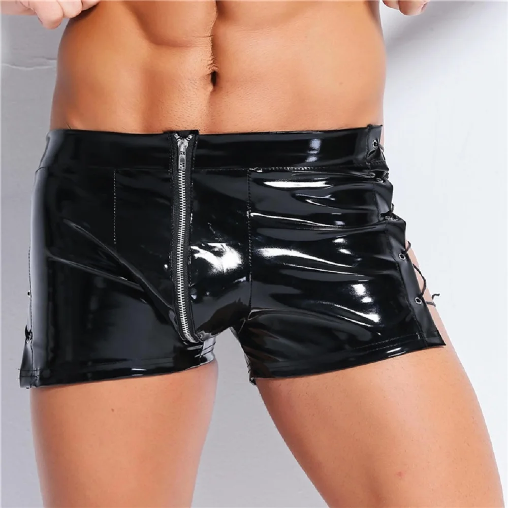

Men Lingerie Trunks Shorts Male Latex PVC Open Crotch Zipper Boxers Shorts Fetish Gay Faux Leather Lace Up Short Pants Clubwear